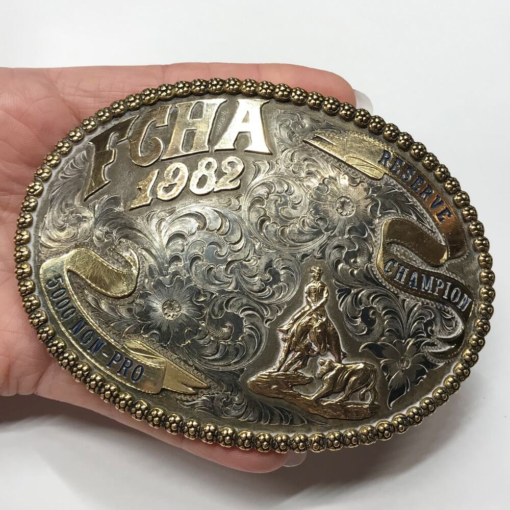Skyline Silversmiths 1982 Sterling 10K Gold Filled Cutting Rodeo Buckle Champion